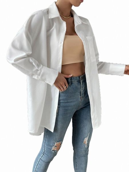 

women's blouses & shirts drop shoulder pocket patched shirt f1g0#, White