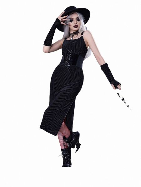 

halloween witch o-ring linked zipper detail cami dress with arm sleeves without corset l3sl#, Black;gray