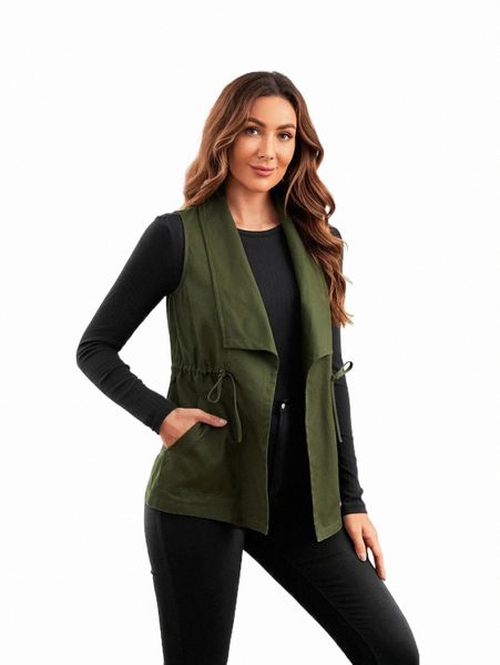 

emery rose shawl collar drawstring waist vest jacket k9cn#, Black;brown