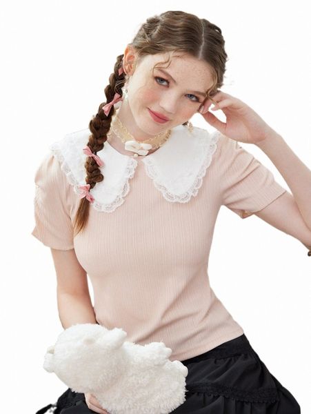 

romwe kawaii contrast lace statement collar ribbed tee s9fl#, White