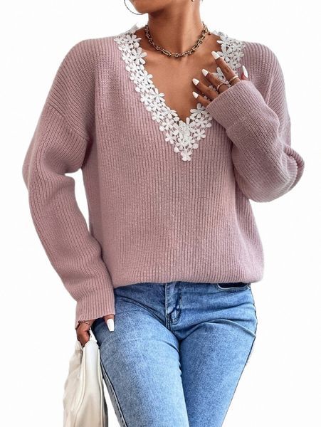 

women's sweaters guipure lace panel drop shoulder sweater z8g6#, White;black