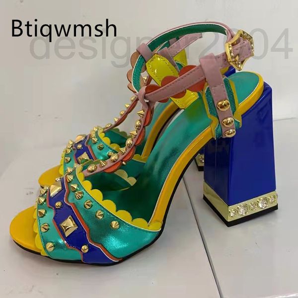 

sandals designer luxury rhinestone sandals woman open toe mixed color rivet real leather studded high heel lady fashion party shoes 6kdk, Black