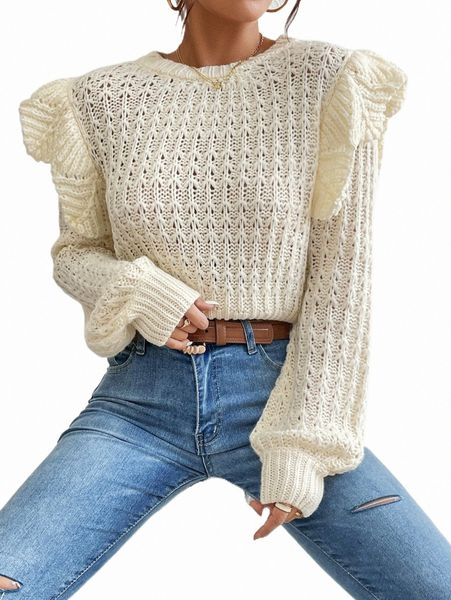 

women's sweaters ruffle trim pointelle knit sweater r6fx#, White;black