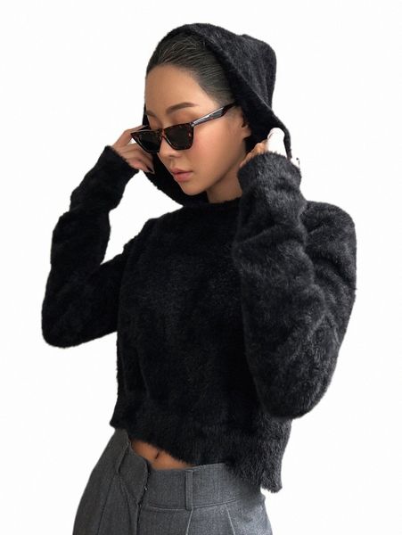 

women's sweaters dazy solid fluffy knit hooded sweater d9bu#, White;black