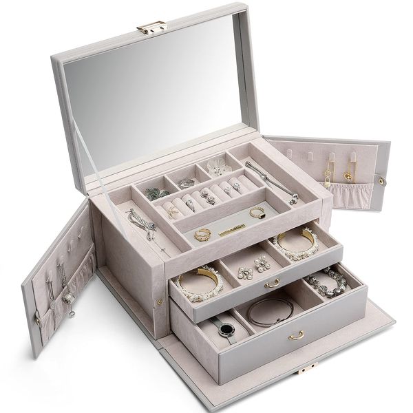 

jewelry boxes large box with mirror lid 3 layer women girls organizer case 2 ders pu leather storage for necklace earrings ring brace amojm, Black;white