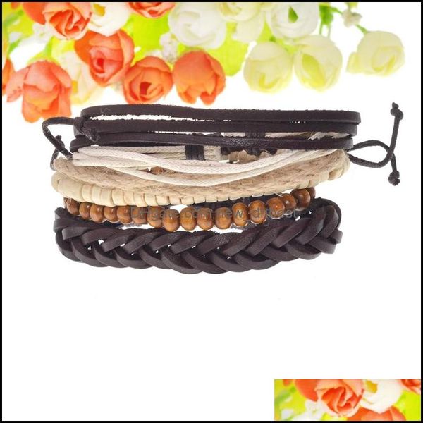 

beaded strands mti-layer beaded bracelet mixed wrap leather wooden beads set men and women adjustable drop delivery 2021 jewelry brac dhudn, Black