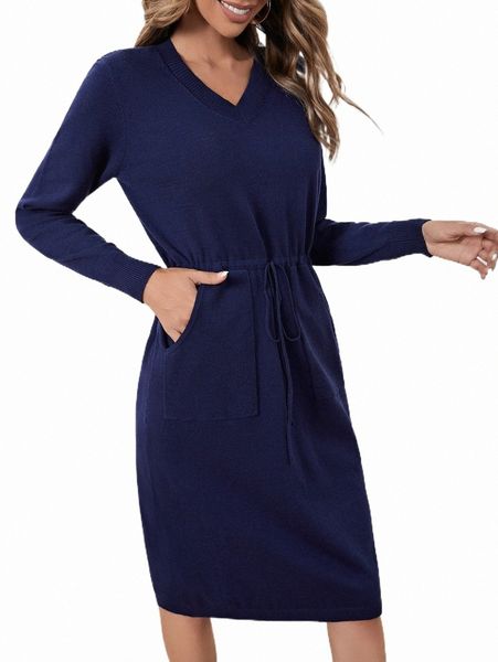 

women's sweaters slant pocket drawstring waist sweater dress m6ua#, White;black