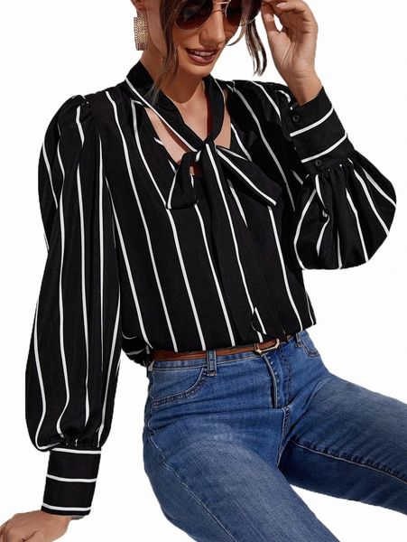 

women's blouses & shirts striped print tie neck blouse i0o3#, White