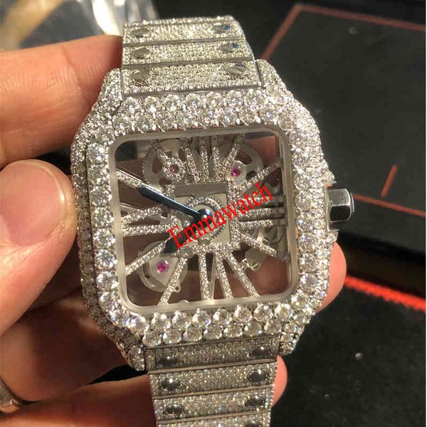 

2022 new skeleton sier moiss anite diamonds watch pass tt quartz movement men luxury iced out sapphire watch with box, Slivery;brown