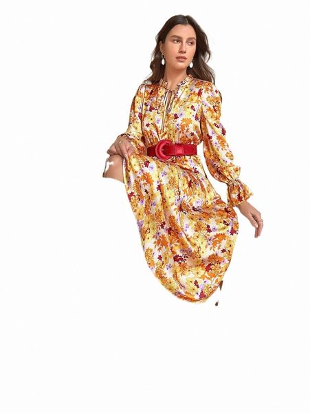 

frenchy tie neck bell sleeve floral print dress without belt m0ot#, Black;gray