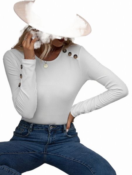 

women's t-shirt button detail rib knit tee 2022 new q3uz#, White