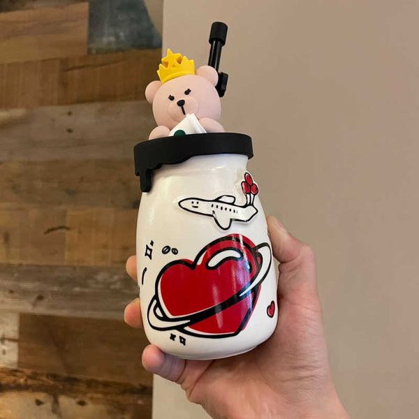

starbucks mug 2021 valentine's day bear love ceramic straw with dust plug covered milk drinking cup 320ml