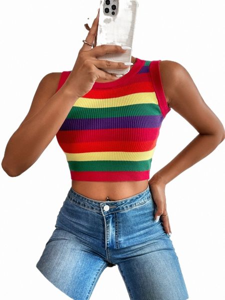 

women's sweaters rainbow striped pattern crop sweater vest 89n7#, White;black