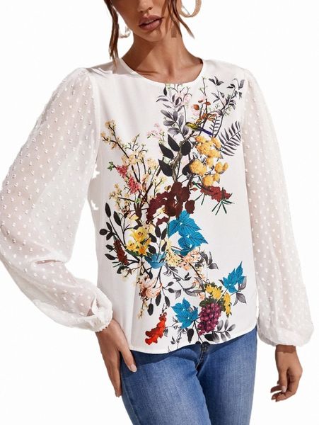 

women's blouses & shirts floral print swiss dot bishop sleeve blouse n19w#, White