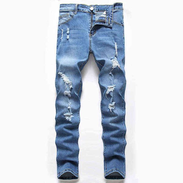 

men's jeans men's pierced jeans elastic straight slim fit pants, Blue