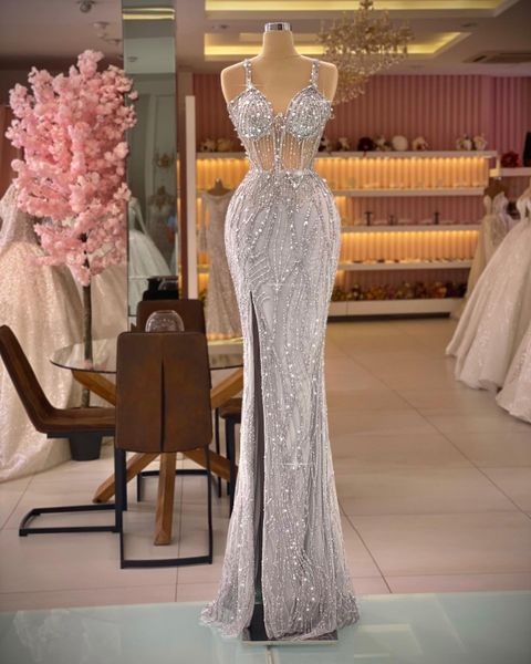 

silver beading mermaid prom dresses side split spaghetti neck crystal long tulle evening dress wear formal party gowns, Black
