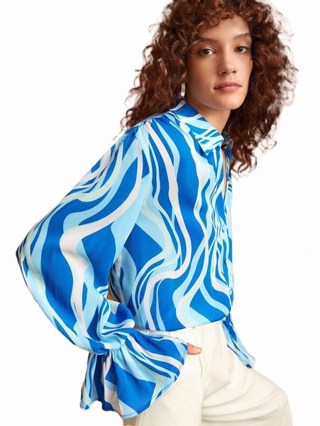

women's blouses & shirts allover print flounce sleeve shirt g3hx#, White