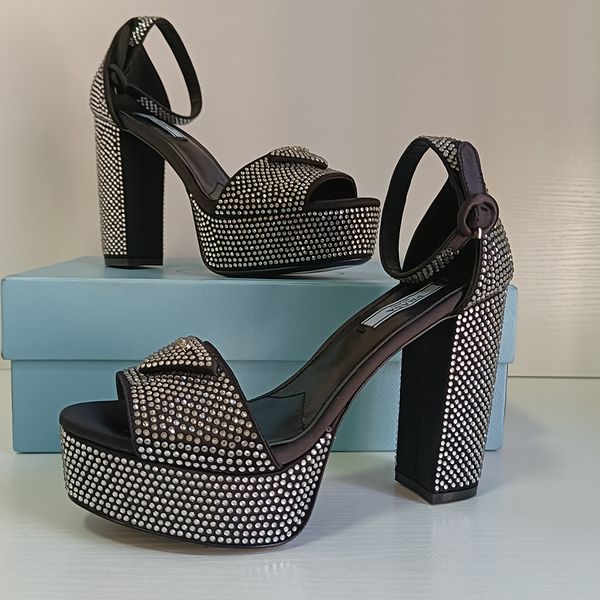 

designers sandals womens wedding dress shoes high heels quality women sandal luxury platform heel classic triangle buckle embellished ankle, Black