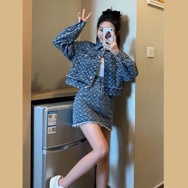 

two piece dress woman suit skirt set cowboy suit female autumn retro denim jacket chic skirt twopiece suit coat dress woman 220827, White