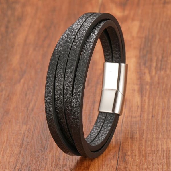 

punk style strands men woven multi layer design genuine leather bracelet, Black