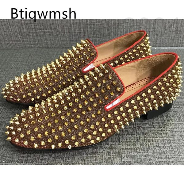 

dress shoes designer gold studded moccasins shoes man pointed toe rivet brown sequins slip on male flat fashion wedding z4h3, Black