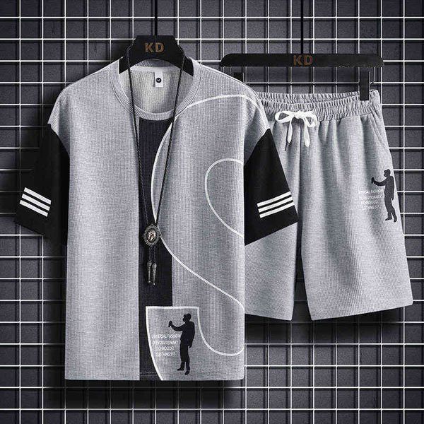 

fans &tees waffle sports suit men's summer fashion basketball ins loose ice short sleeve t-shirt shorts two-piece, Black