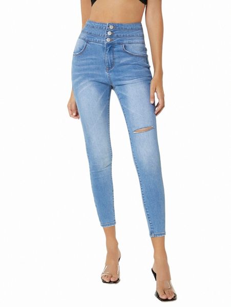 

women's jeans blues button fly ripped skinny jeans m3wc#, Blue