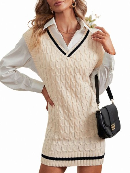 

striped trim cable knit sweater dress without blouse p1zn#, White;black