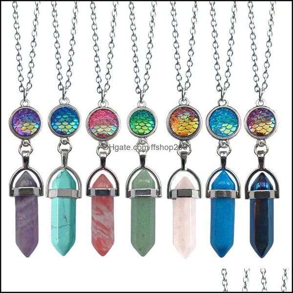 

pendant necklaces 12mm drusy mermaid fish scale charms hexagon prism natural stone necklace with stainless steel chains women jewelry dhdyz, Silver