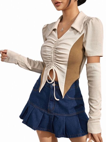 

drawstring front asymmetrical hem tee with arm sleeve e2ct#, White