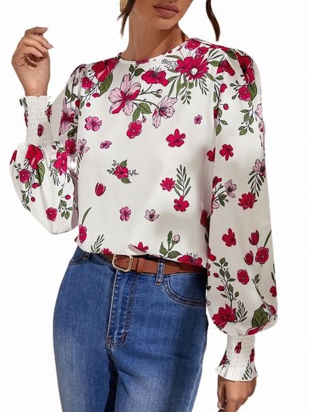 

women's blouses & shirts floral print lantern sleeve blouse v7ft#, White