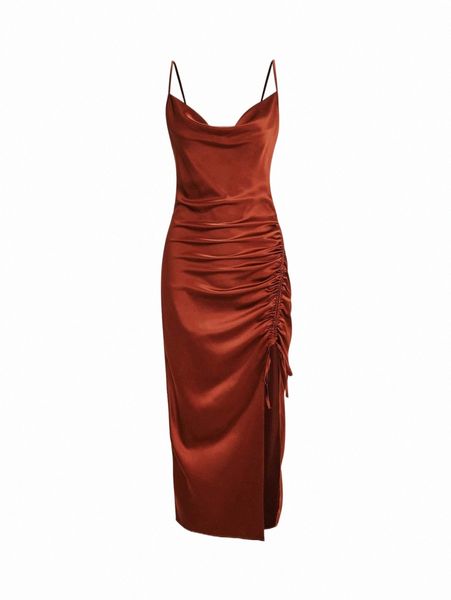 

casual dresses mod drawstring ruched satin cami dress h9bi#, Black;gray