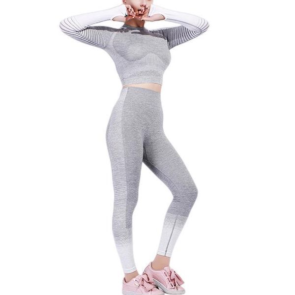 

gym clothing 2 piece sets yoga long sleeve pants suit workout leggings sports nylon spandex soft knitting seamless t jacquard fabric breatha, White;black
