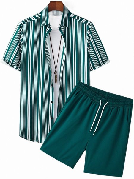 

men's tracksuits men striped shirt & drawstring waist shorts j5ja#, Gray