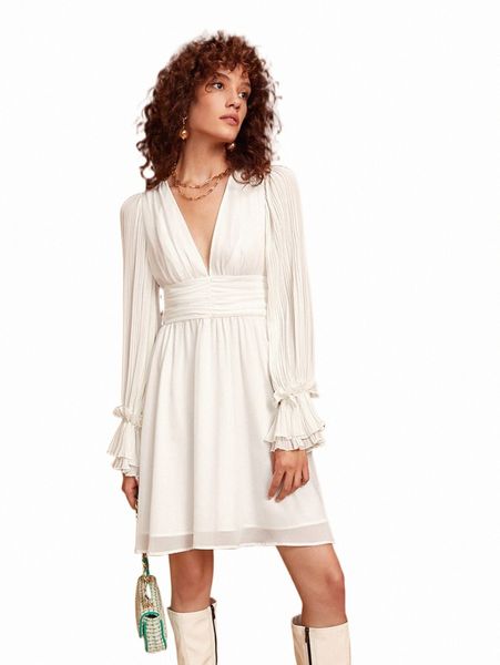 

casual dresses plunging neck ruched flounce sleeve dress 33h7#, Black;gray