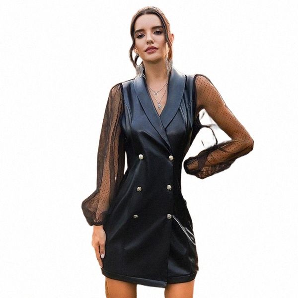 

casual dresses pu spring autumn leather shirts dress elagant ladies lapel buttons black meshi long sleeve women mini tunic e808#, Black;gray