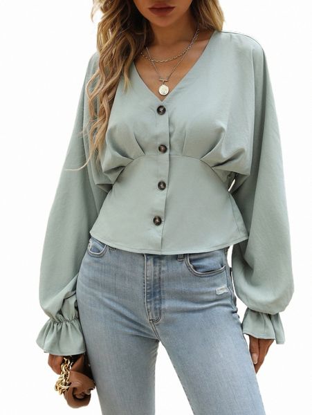 

women's blouses & shirts solid flounce sleeve button up blouse 99pt#, White