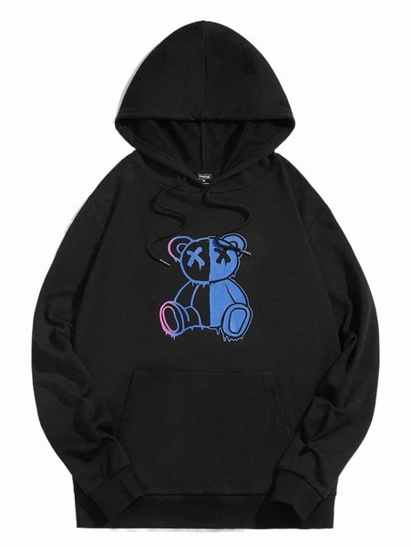 

men's hoodies & sweatshirts men bear print drawstring hoodie r73a#, Black