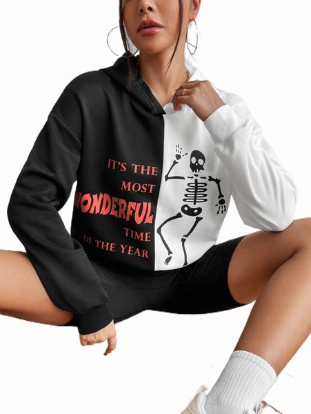 

two tone skeleton & slogan graphic drop shoulder hoodie n2ms#, Black