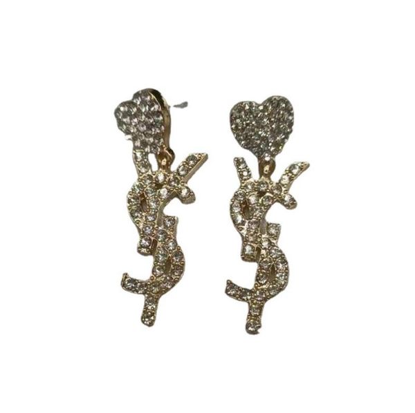 

simple gold plated famous women stud luxury brand designers letter geometric heart crystal rhinestone long earring wedding jewerlry, Golden;silver