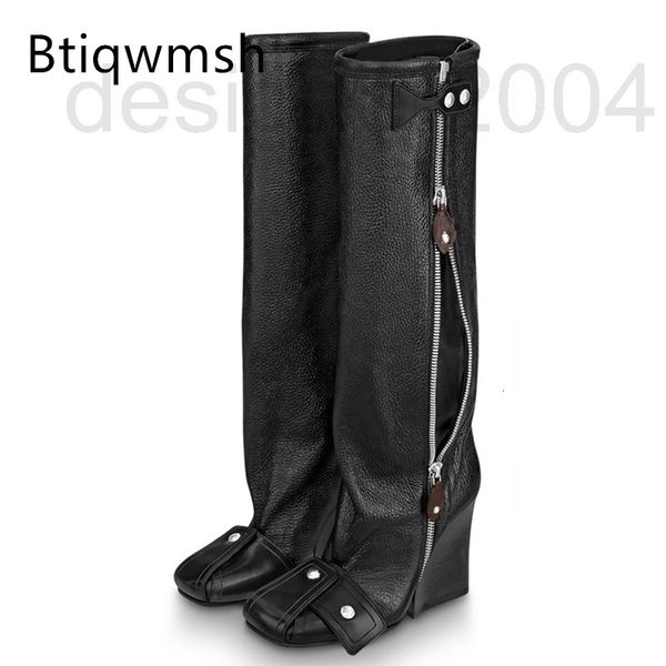 

boots designer single knee high boots woman squaretoe mixed color leather flaps wedges shoes fashion long si8s, Black