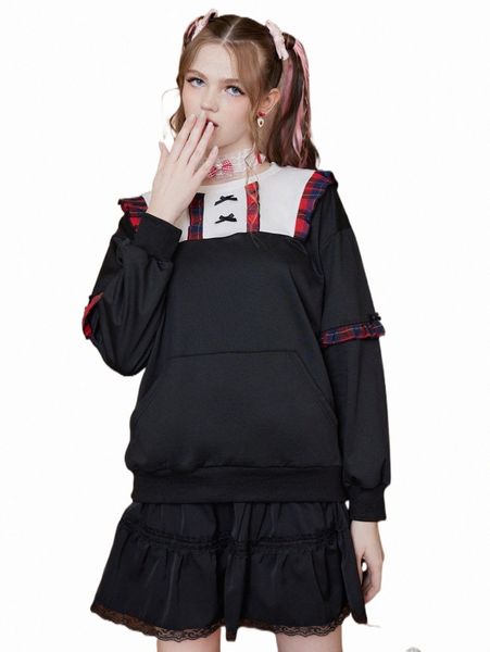 

romwe kawaii contrast plaid color-block sweatshirt h5hk#, Black