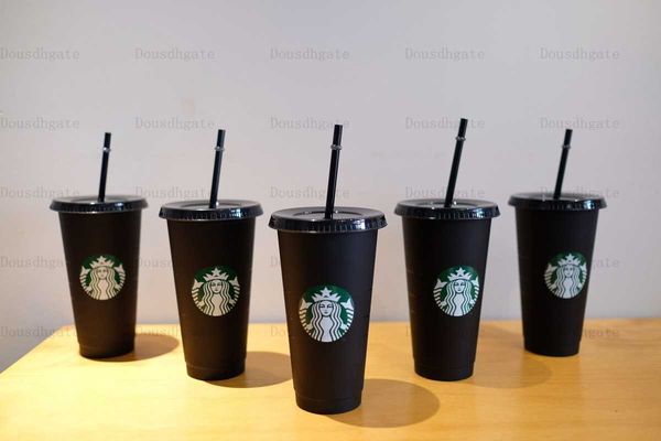

tumblers starbucks 24oz/710ml plastic tumbler reusable black drinking flat bottom cup pillar shape lid straw mug 30pcs 1
