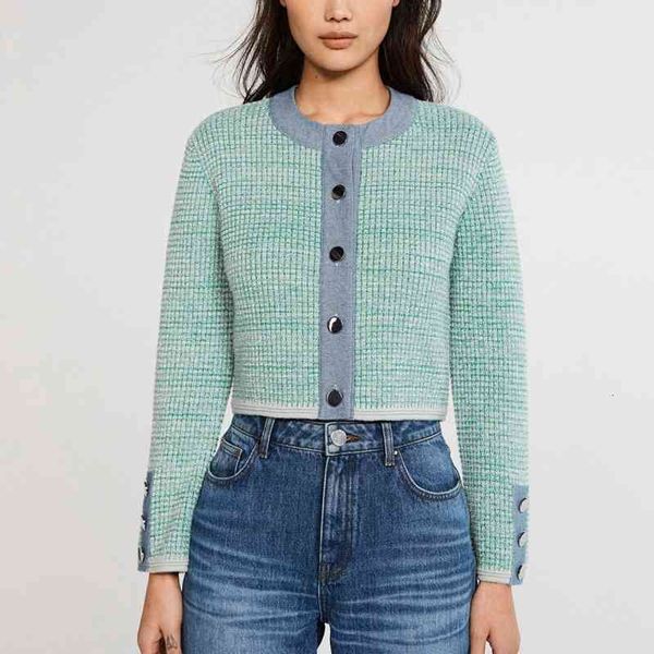 

women's sweaters french style spring summer metal thread round neck button small fresh jeans stitched knitted cardigan coat, White;black
