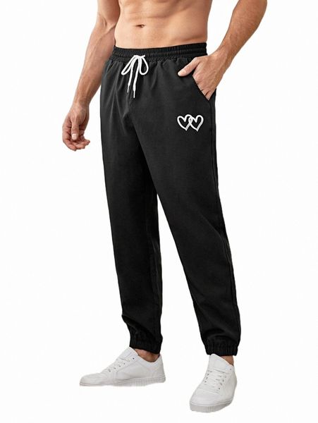 

men's pants men heart print drawstring waist pants c7au#, Black