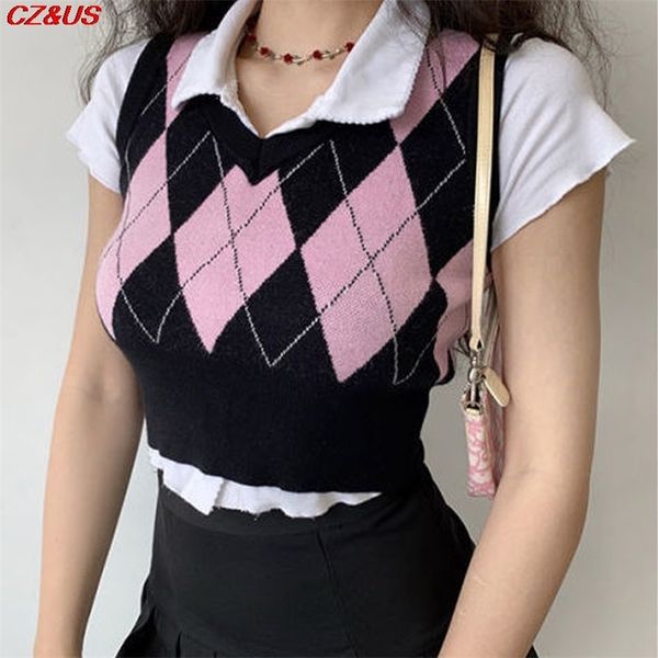

women's vests fashion vest autumn vneck vintage argyle sweater vest for women pink sleeveless plaid knit cardigan casual womens 220826, Black;white