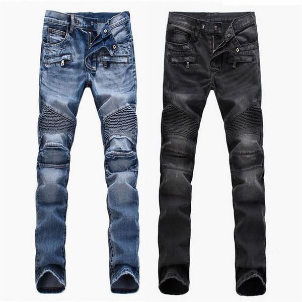 

fashion men's foreign trade light blue black jeans pants motorcycle biker men washing to do the old fold men trousers casual runwa246g