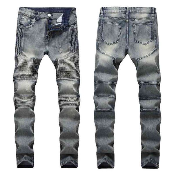 

men's jeans micro elastic small straight tube slim fit pleated motorcycle pants men's jeans 1699, Blue