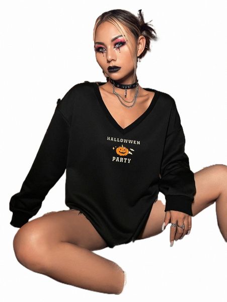 

women's hoodies & sweatshirts halloween print drop shoulder pullover g6wc#, Black