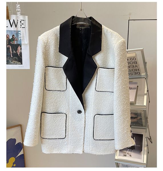 

2022 autumn notched-lapel panelled tweed jacket white contrast color long sleeve single-button pockets jackets coat outwear 22g186279, Black;brown